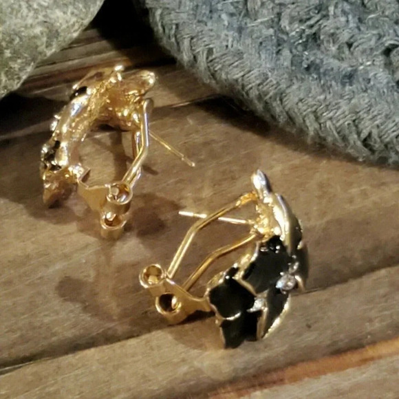Glossy Black Enamel Artsy Tropical Flowers Austrian Crystal Gold Tone Earrings - Picture 5 of 7